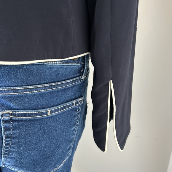 Frame Denim Piped Cropped Double Breasted Blazer Slit Cuff Navy Blue Sz 8 - Picture 11 of 16